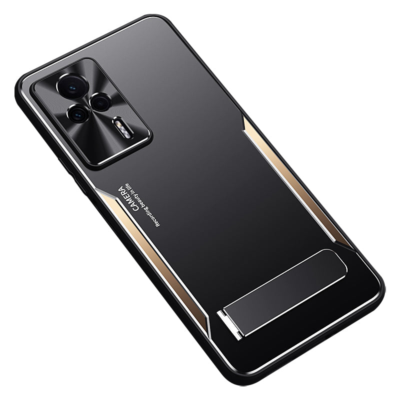 Uniqkart for Xiaomi Redmi K60E 5G Kickstand Phone Case TPU+Aluminium Alloy Anti-fall Cover - Gold