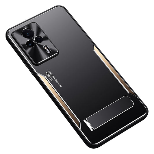 Uniqkart for Xiaomi Redmi K60E 5G Kickstand Phone Case TPU+Aluminium Alloy Anti-fall Cover - Gold