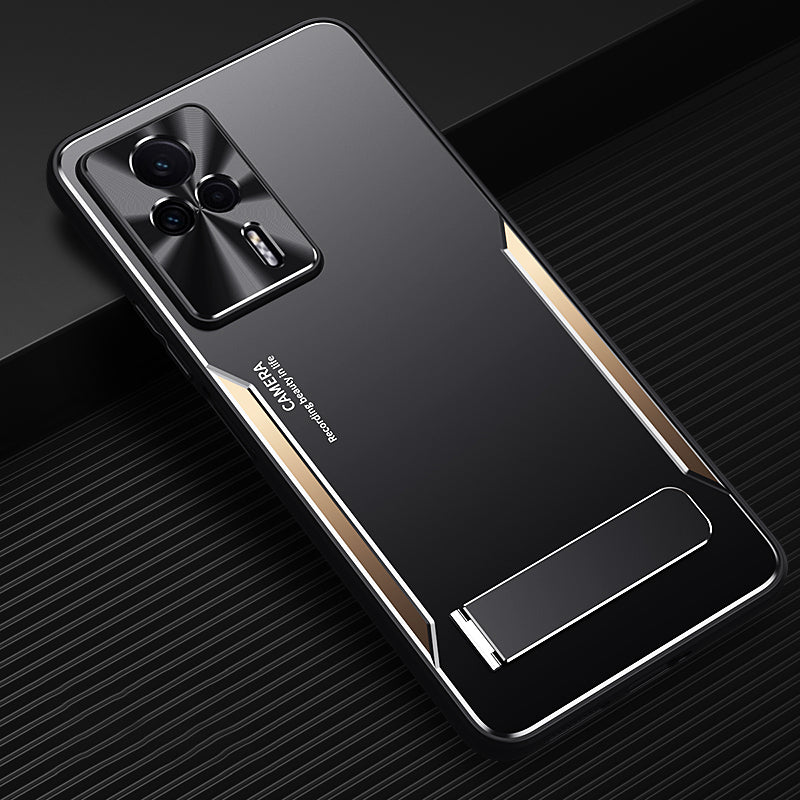 Uniqkart for Xiaomi Redmi K60E 5G Kickstand Phone Case TPU+Aluminium Alloy Anti-fall Cover - Gold