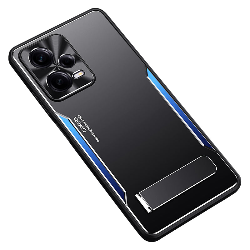 Uniqkart for Xiaomi Redmi Note 12 Pro 5G Kickstand Drop-proof Case TPU+Aluminium Alloy Phone Cover - Blue