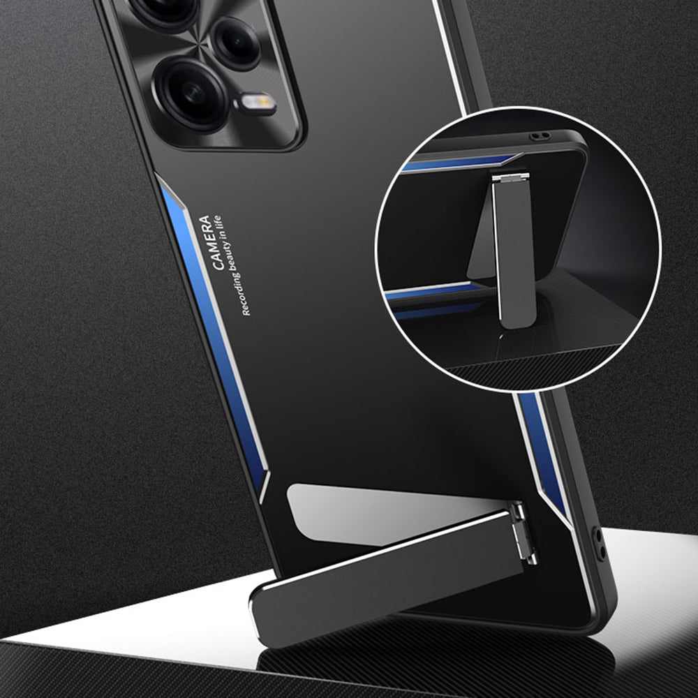 Uniqkart for Xiaomi Redmi Note 12 Pro 5G Kickstand Drop-proof Case TPU+Aluminium Alloy Phone Cover - Blue