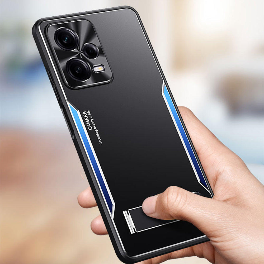 Uniqkart for Xiaomi Redmi Note 12 Pro 5G Kickstand Drop-proof Case TPU+Aluminium Alloy Phone Cover - Blue