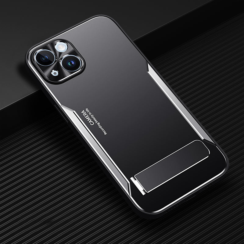 Uniqkart for iPhone 14 TPU+Aluminium Alloy Phone Cover Drop-proof Case with Kickstand - Silver