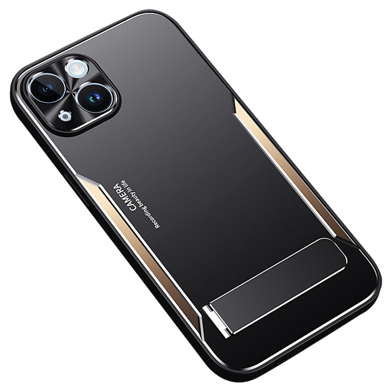 Uniqkart for iPhone 14 TPU+Aluminium Alloy Phone Cover Drop-proof Case with Kickstand - Gold