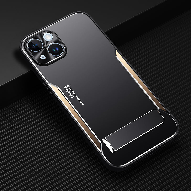 Uniqkart for iPhone 14 TPU+Aluminium Alloy Phone Cover Drop-proof Case with Kickstand - Gold