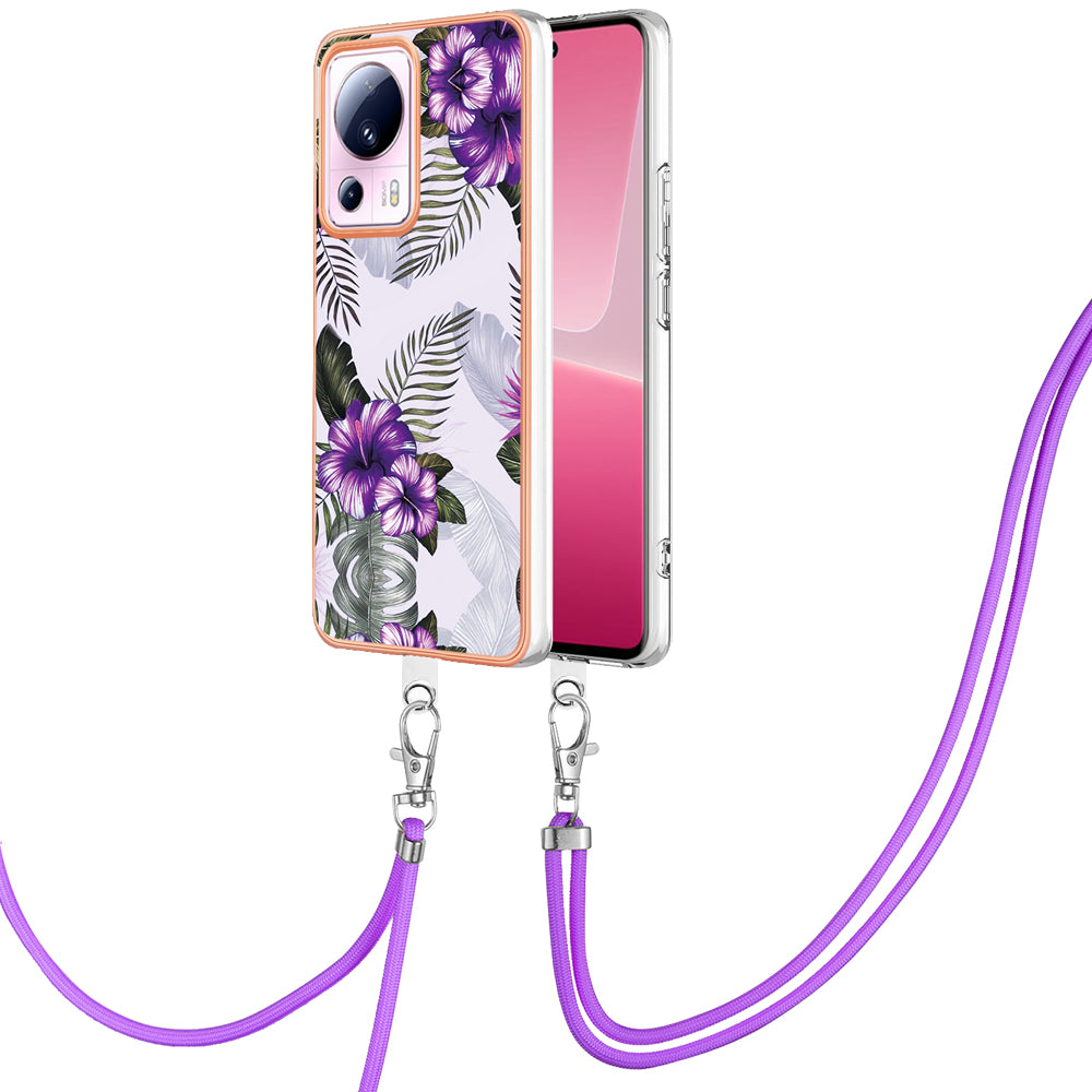 YB IMD Series-4 for Xiaomi 13 Lite / Civi 2 5G Electroplating Case IMD Marble Flower Pattern TPU Cover with Lanyard - Purple Flowers