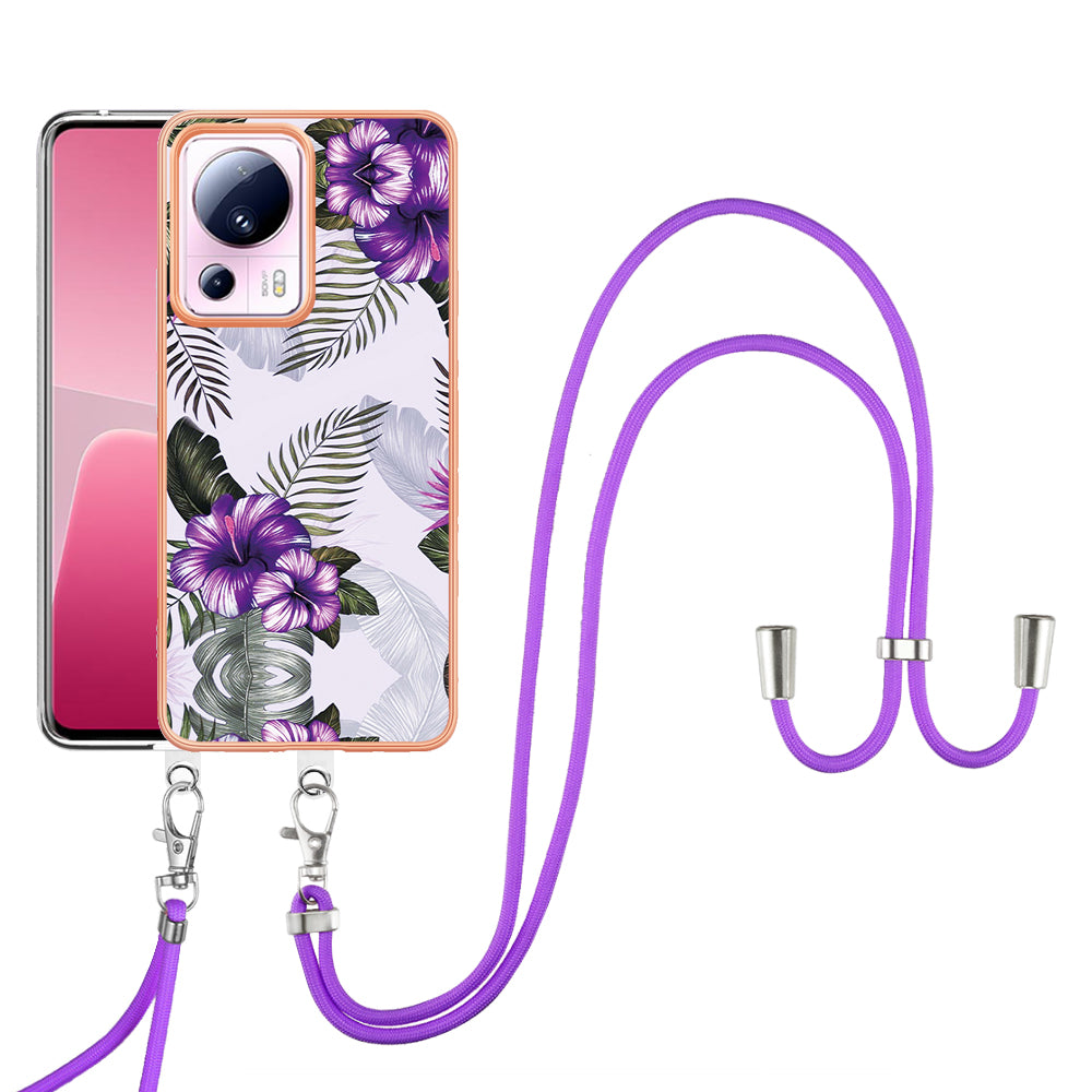 YB IMD Series-4 for Xiaomi 13 Lite / Civi 2 5G Electroplating Case IMD Marble Flower Pattern TPU Cover with Lanyard - Purple Flowers