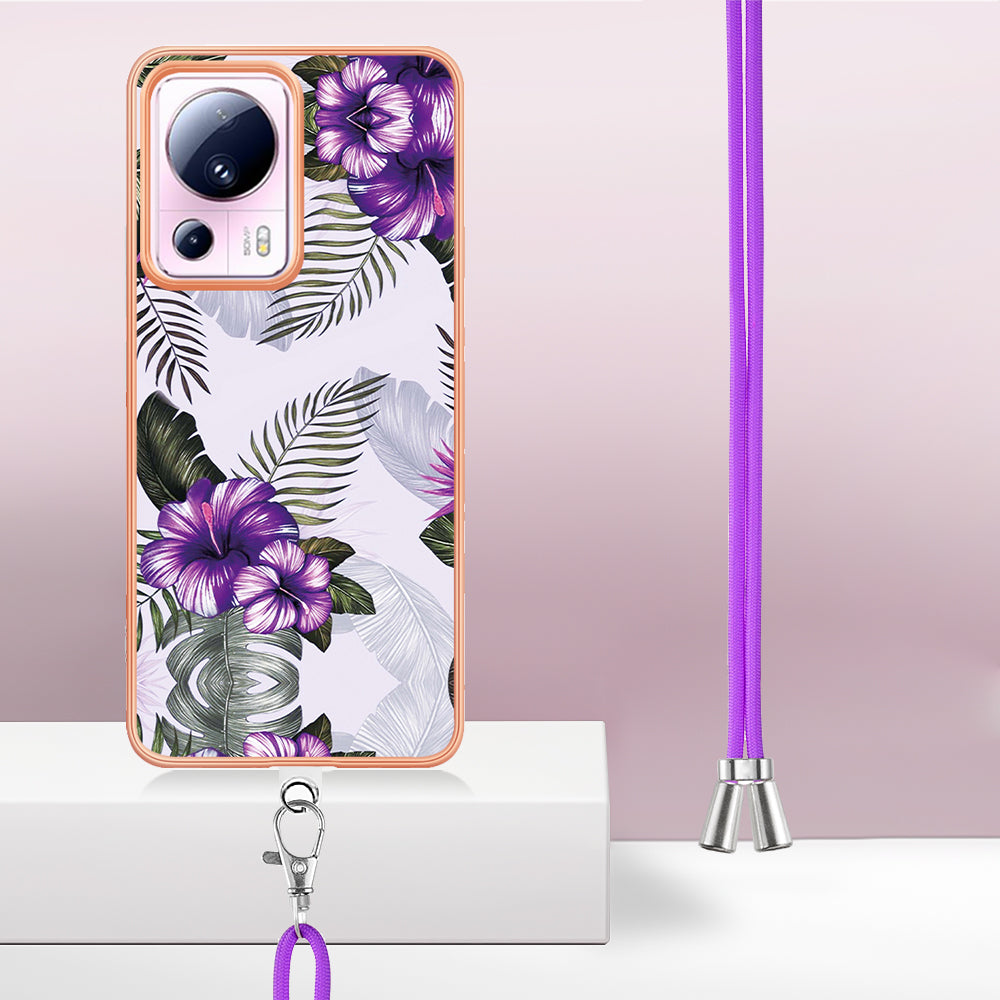 YB IMD Series-4 for Xiaomi 13 Lite / Civi 2 5G Electroplating Case IMD Marble Flower Pattern TPU Cover with Lanyard - Purple Flowers