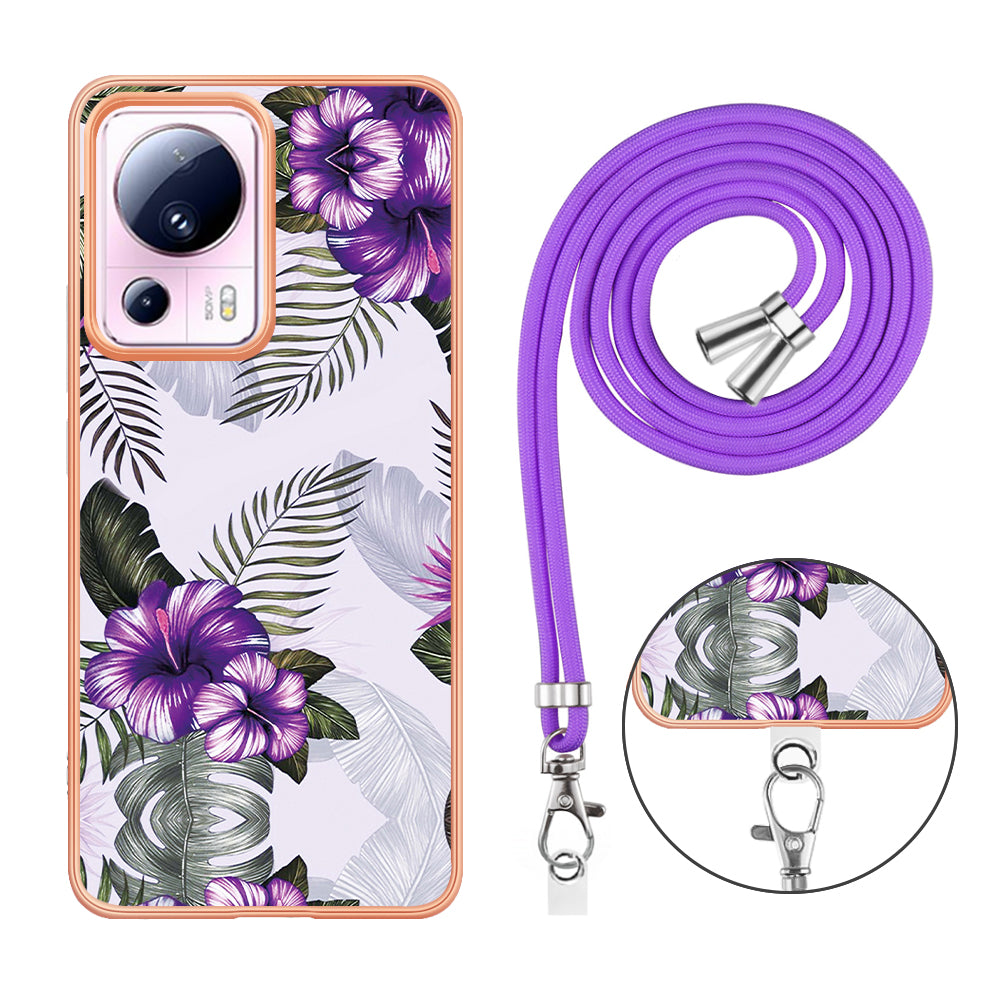 YB IMD Series-4 for Xiaomi 13 Lite / Civi 2 5G Electroplating Case IMD Marble Flower Pattern TPU Cover with Lanyard - Purple Flowers
