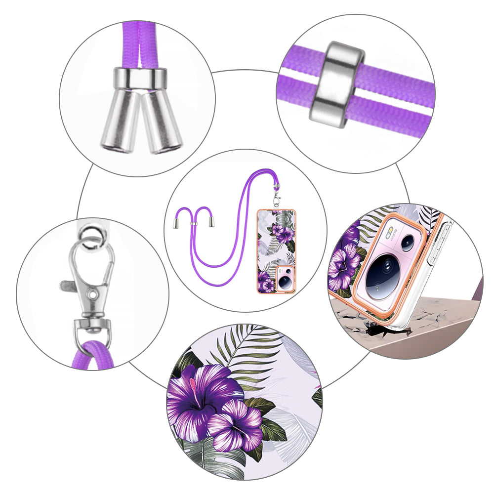 YB IMD Series-4 for Xiaomi 13 Lite / Civi 2 5G Electroplating Case IMD Marble Flower Pattern TPU Cover with Lanyard - Purple Flowers