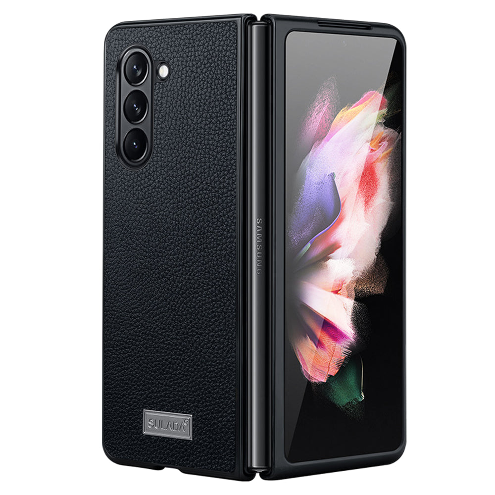 Uniqkart For Samsung Galaxy Z Fold5 5G Litchi Texture Slim Case PU Leather Coated PC + TPU Phone Cover - Black