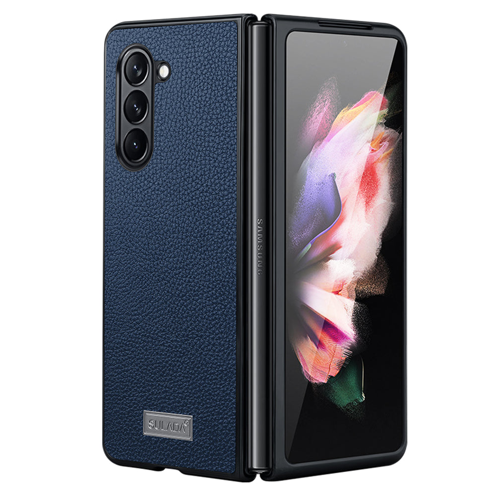 Uniqkart For Samsung Galaxy Z Fold5 5G Litchi Texture Slim Case PU Leather Coated PC + TPU Phone Cover - Sapphire