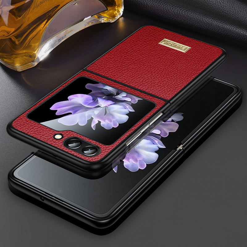 Uniqkart For Samsung Galaxy Z Flip5 5G Slim-Fit Phone Case PU Leather Coated PC + TPU Litchi Texture Cover - Red