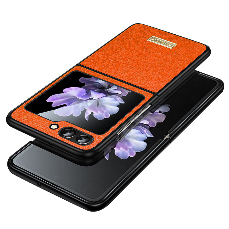 Uniqkart For Samsung Galaxy Z Flip5 5G Slim-Fit Phone Case PU Leather Coated PC + TPU Litchi Texture Cover - Orange