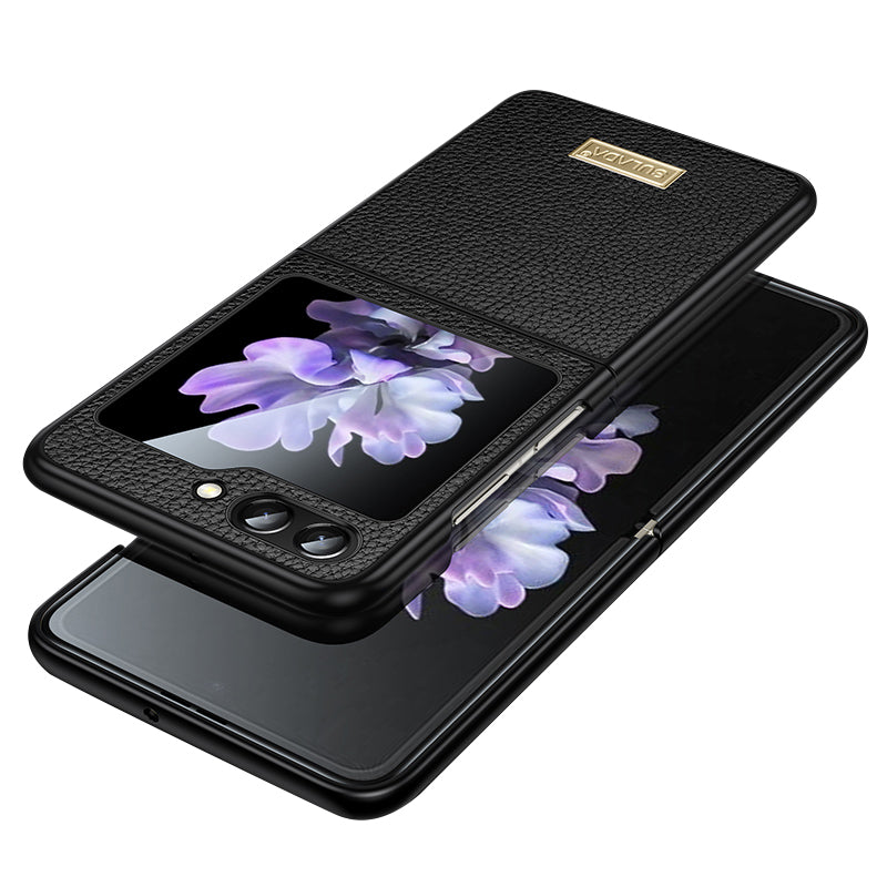 Uniqkart For Samsung Galaxy Z Flip5 5G Slim-Fit Phone Case PU Leather Coated PC + TPU Litchi Texture Cover - Black