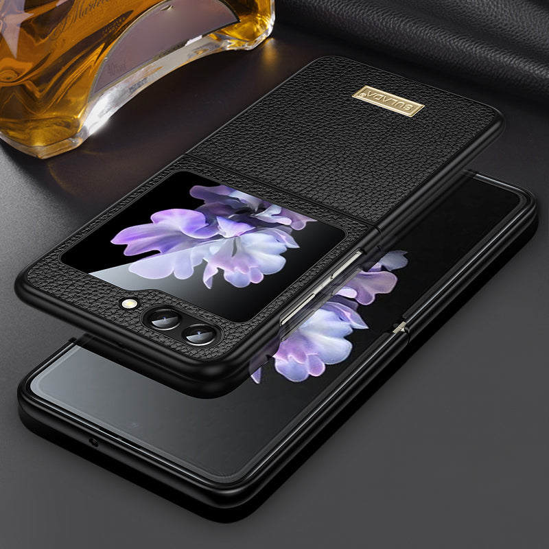 Uniqkart For Samsung Galaxy Z Flip5 5G Slim-Fit Phone Case PU Leather Coated PC + TPU Litchi Texture Cover - Black