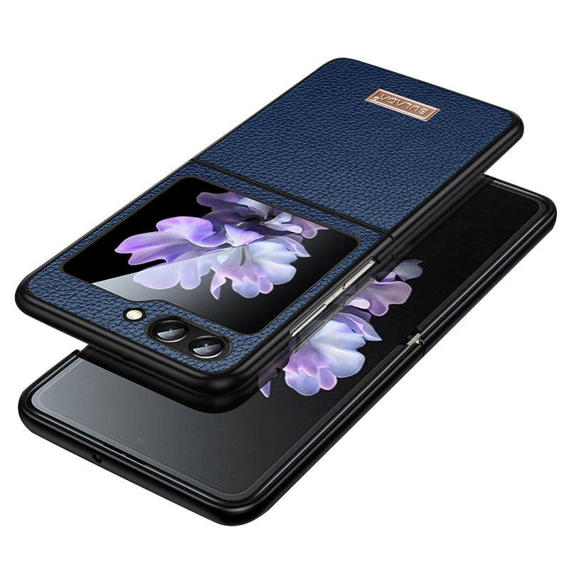 Uniqkart For Samsung Galaxy Z Flip5 5G Slim-Fit Phone Case PU Leather Coated PC + TPU Litchi Texture Cover - Sapphire