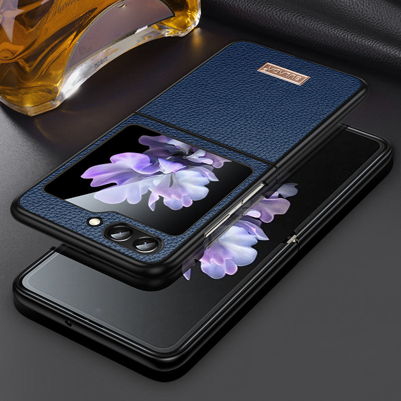 Uniqkart For Samsung Galaxy Z Flip5 5G Slim-Fit Phone Case PU Leather Coated PC + TPU Litchi Texture Cover - Sapphire