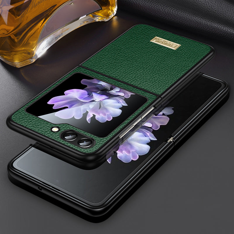 Uniqkart For Samsung Galaxy Z Flip5 5G Slim-Fit Phone Case PU Leather Coated PC + TPU Litchi Texture Cover - Green