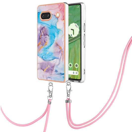 YB IMD Series-4 for Google Pixel 7a Marble Flower Pattern Protective Case Electroplating IMD TPU Phone Cover with Lanyard - Milky Way Marble Blue