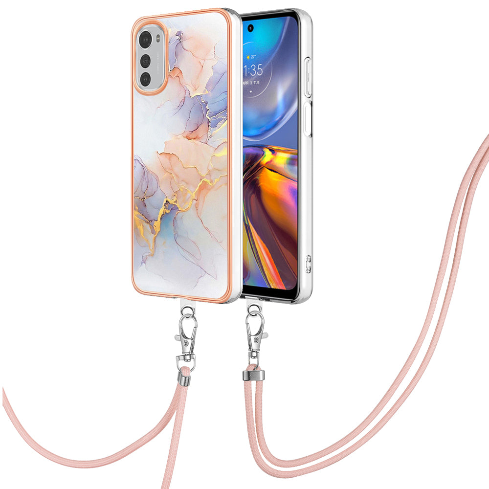 YB IMD Series-4 TPU Phone Case for Motorola Moto E32 4G , Electroplated Marble Flower Pattern IMD Cover with Lanyard - Milky Way Marble White