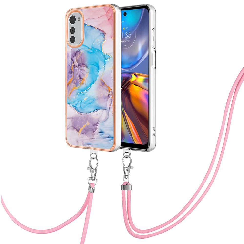 YB IMD Series-4 TPU Phone Case for Motorola Moto E32 4G , Electroplated Marble Flower Pattern IMD Cover with Lanyard - Milky Way Marble Blue