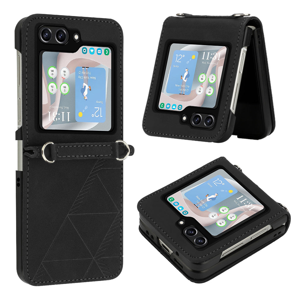 YB Imprinting Series-1 for Samsung Galaxy Z Flip5 5G PU Leather Phone Case Imprinted Phone Protective Cover - Black