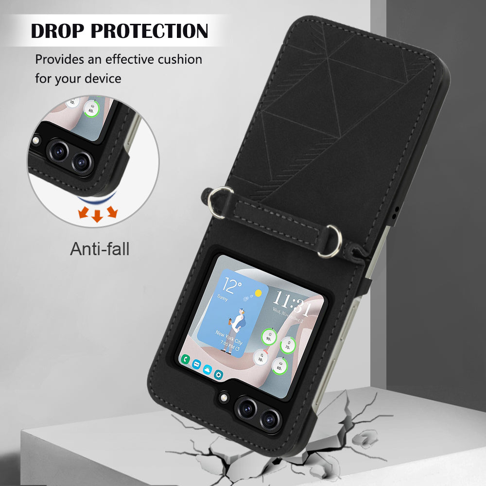 YB Imprinting Series-1 for Samsung Galaxy Z Flip5 5G PU Leather Phone Case Imprinted Phone Protective Cover - Black