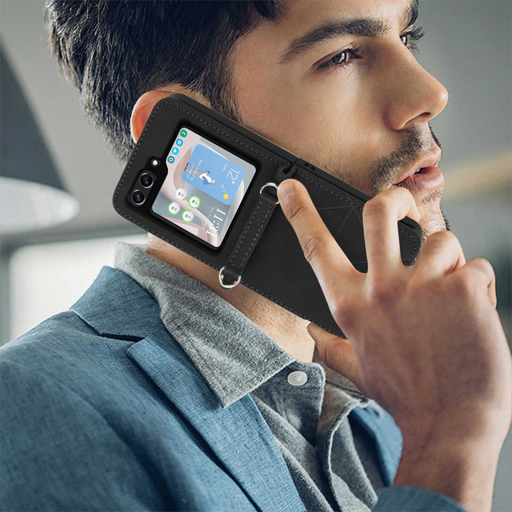 YB Imprinting Series-1 for Samsung Galaxy Z Flip5 5G PU Leather Phone Case Imprinted Phone Protective Cover - Black