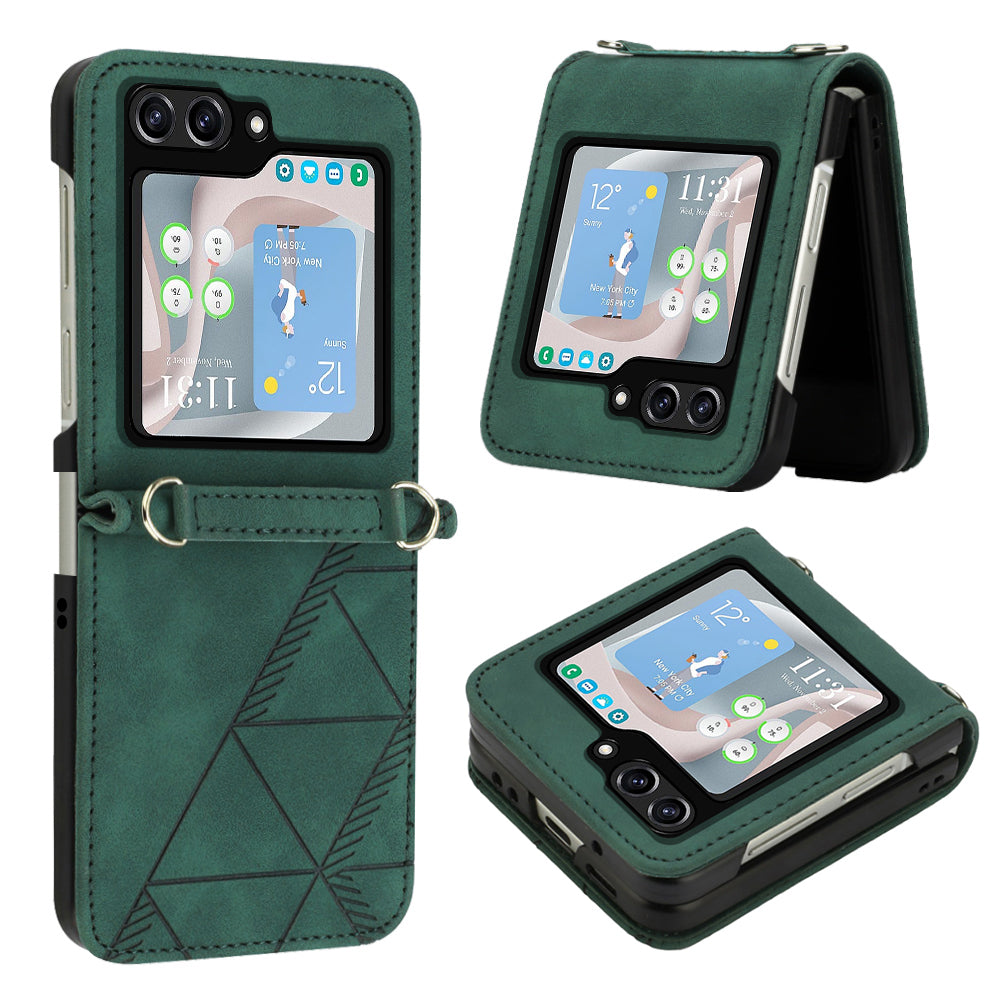 YB Imprinting Series-1 for Samsung Galaxy Z Flip5 5G PU Leather Phone Case Imprinted Phone Protective Cover - Blackish Green