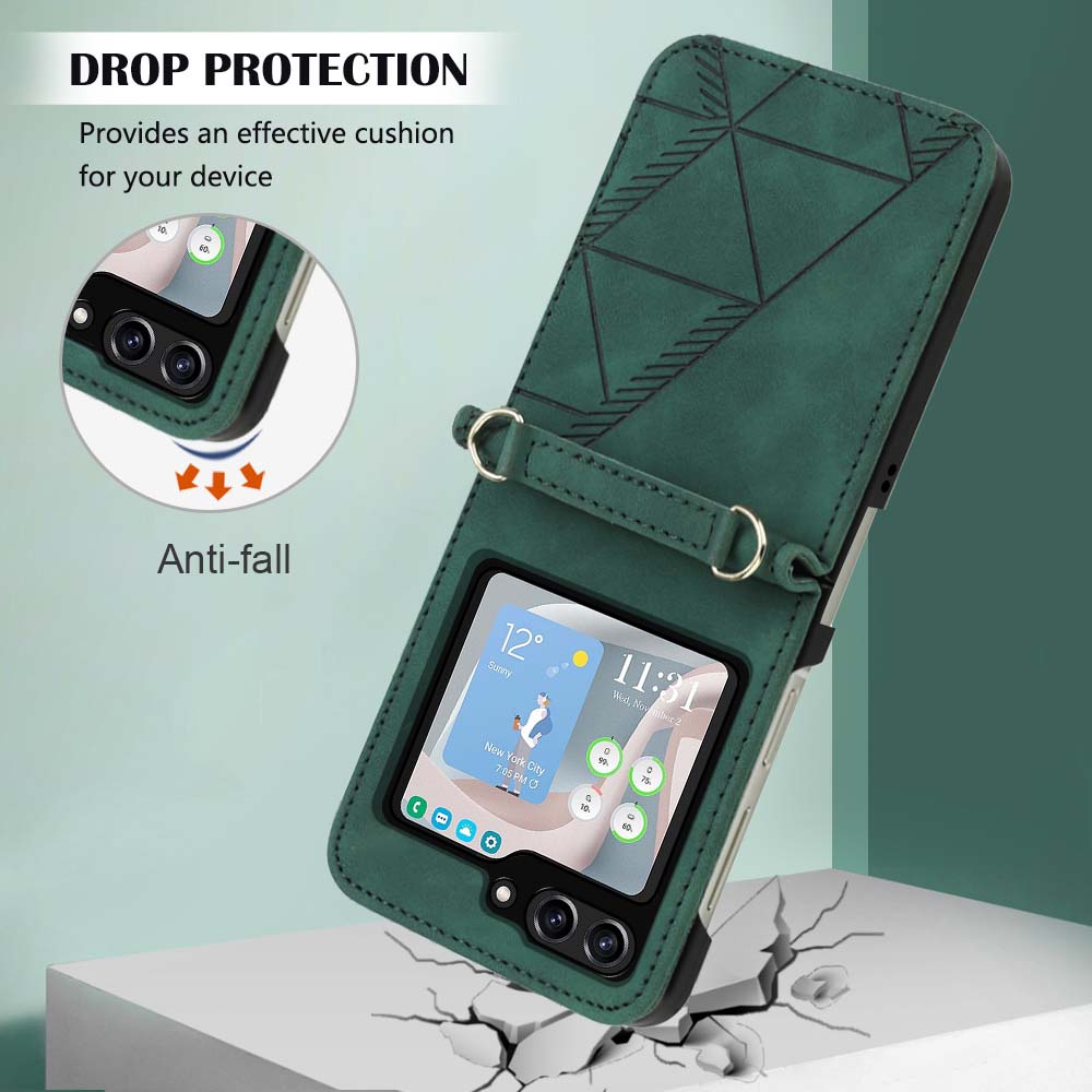YB Imprinting Series-1 for Samsung Galaxy Z Flip5 5G PU Leather Phone Case Imprinted Phone Protective Cover - Blackish Green