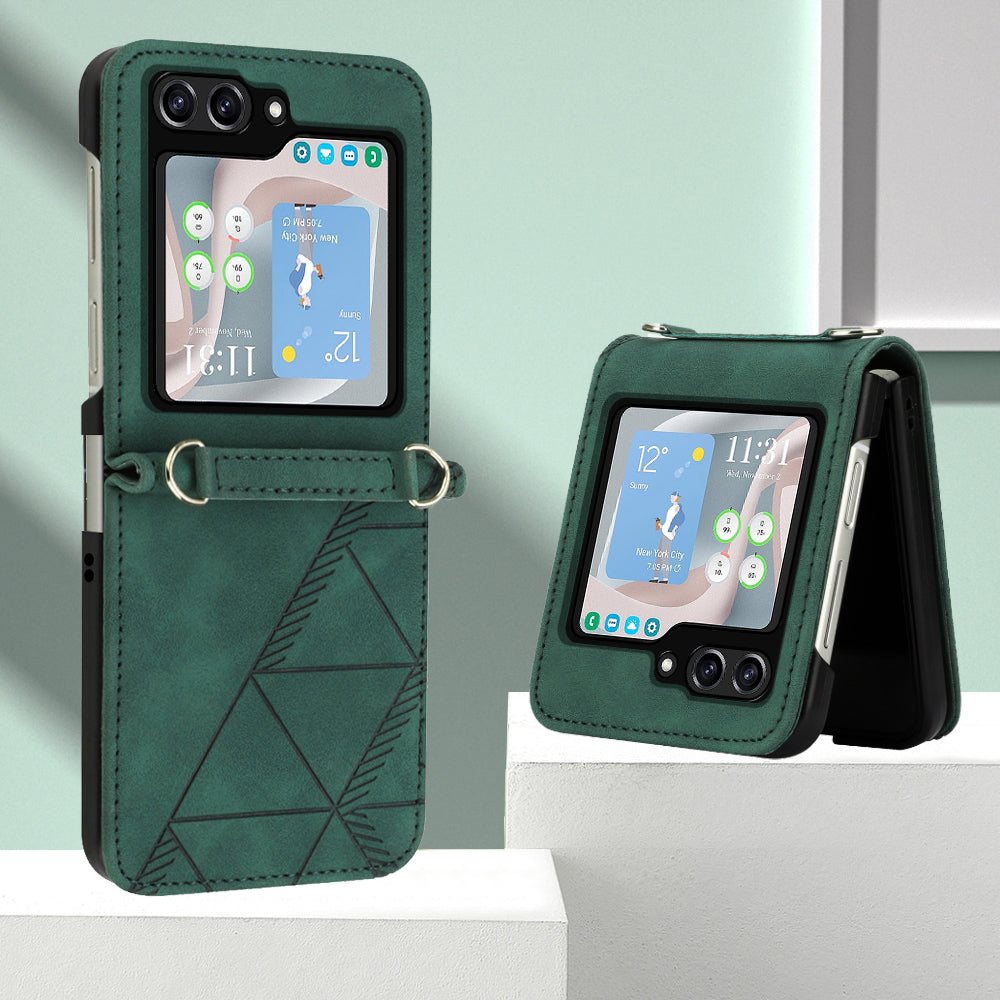 YB Imprinting Series-1 for Samsung Galaxy Z Flip5 5G PU Leather Phone Case Imprinted Phone Protective Cover - Blackish Green