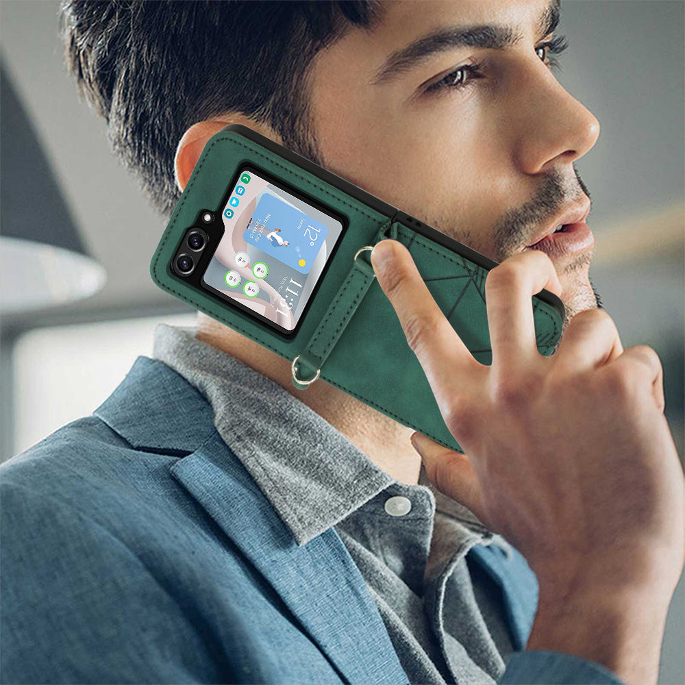 YB Imprinting Series-1 for Samsung Galaxy Z Flip5 5G PU Leather Phone Case Imprinted Phone Protective Cover - Blackish Green