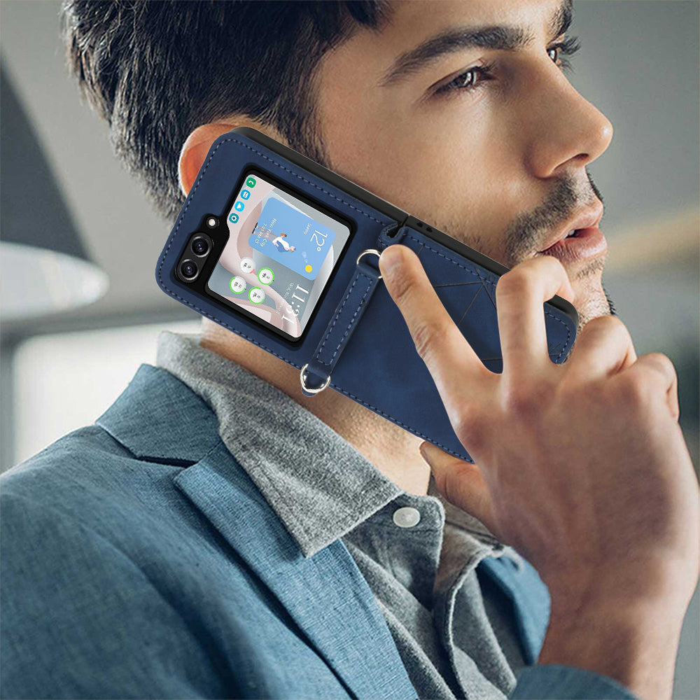YB Imprinting Series-1 for Samsung Galaxy Z Flip5 5G PU Leather Phone Case Imprinted Phone Protective Cover - Sapphire
