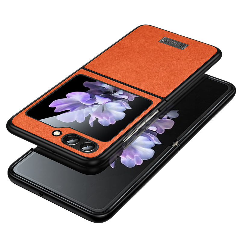 Uniqkart For Samsung Galaxy Z Flip5 5G Anti-scratch Phone Case PU Leather Coated TPU Cover - Orange