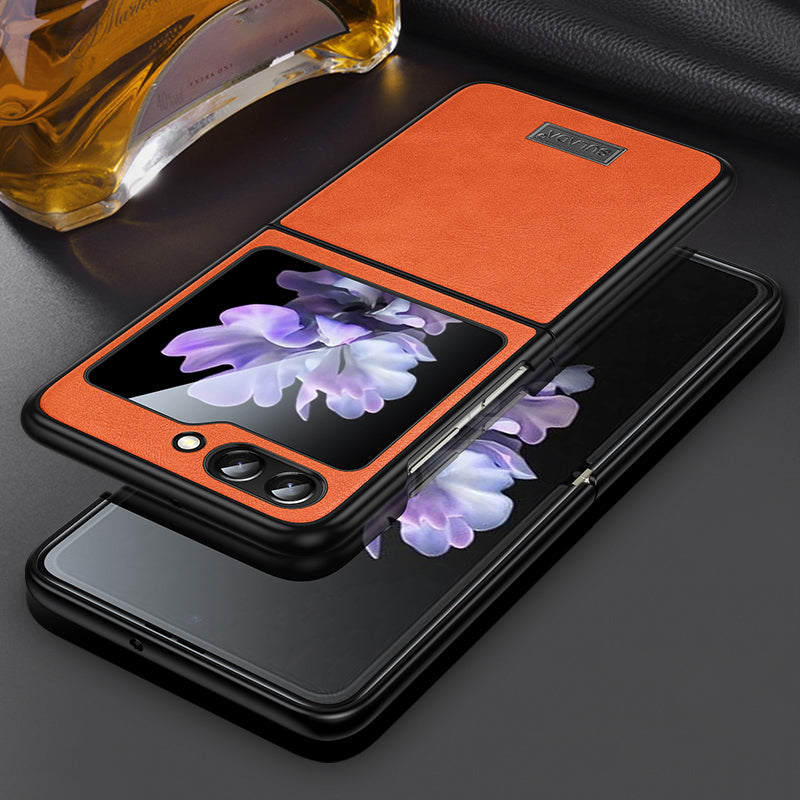 Uniqkart For Samsung Galaxy Z Flip5 5G Anti-scratch Phone Case PU Leather Coated TPU Cover - Orange