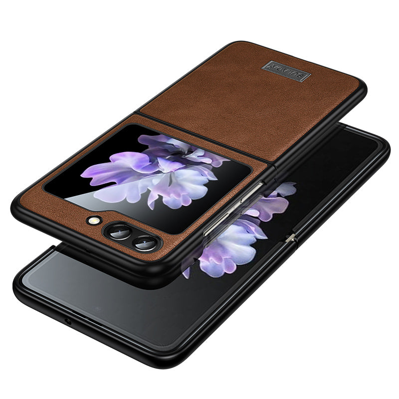 Uniqkart For Samsung Galaxy Z Flip5 5G Anti-scratch Phone Case PU Leather Coated TPU Cover - Brown