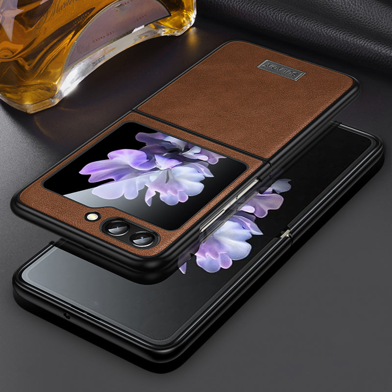 Uniqkart For Samsung Galaxy Z Flip5 5G Anti-scratch Phone Case PU Leather Coated TPU Cover - Brown