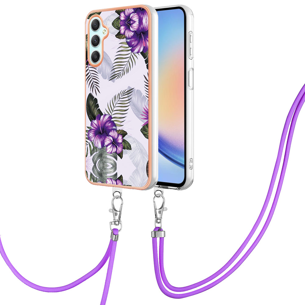 YB IMD Series-4 for Samsung Galaxy A24 4G Marble Flower Pattern Phone Case IMD TPU Electroplated Cover with Lanyard - Purple Flowers