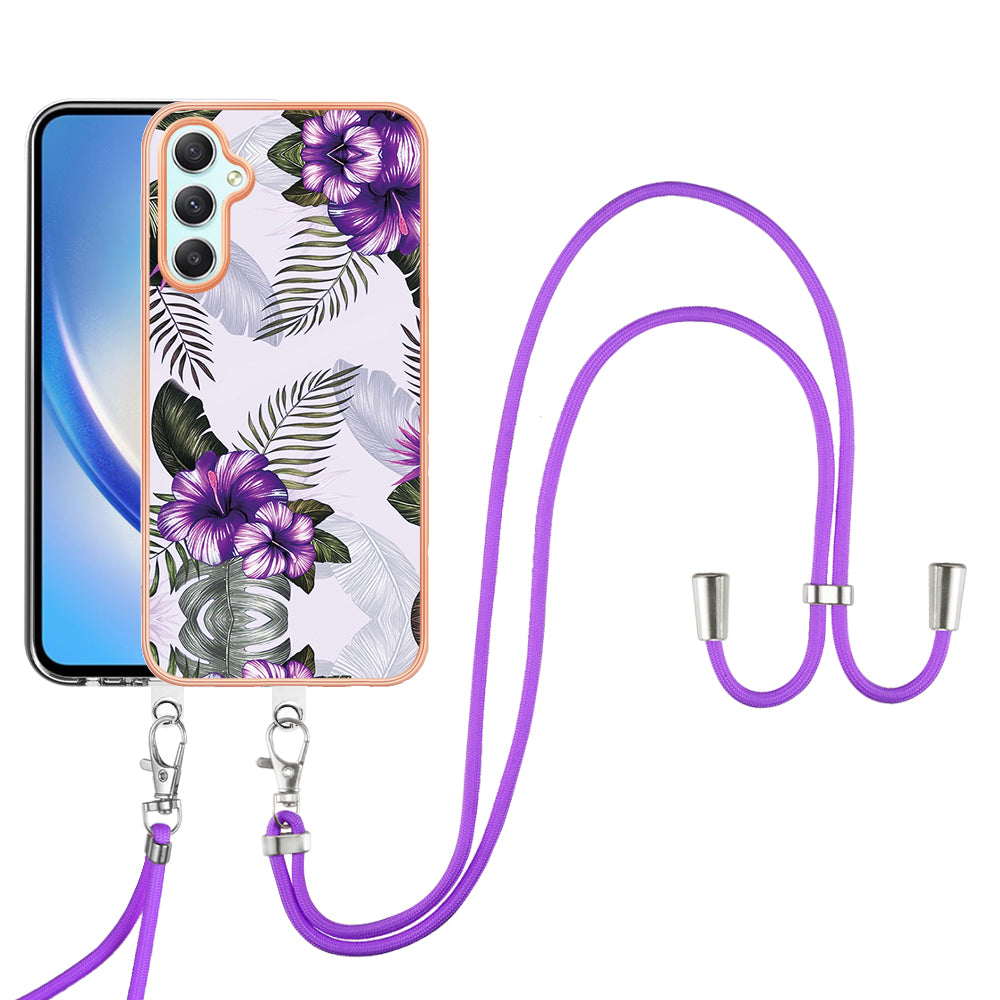 YB IMD Series-4 for Samsung Galaxy A24 4G Marble Flower Pattern Phone Case IMD TPU Electroplated Cover with Lanyard - Purple Flowers