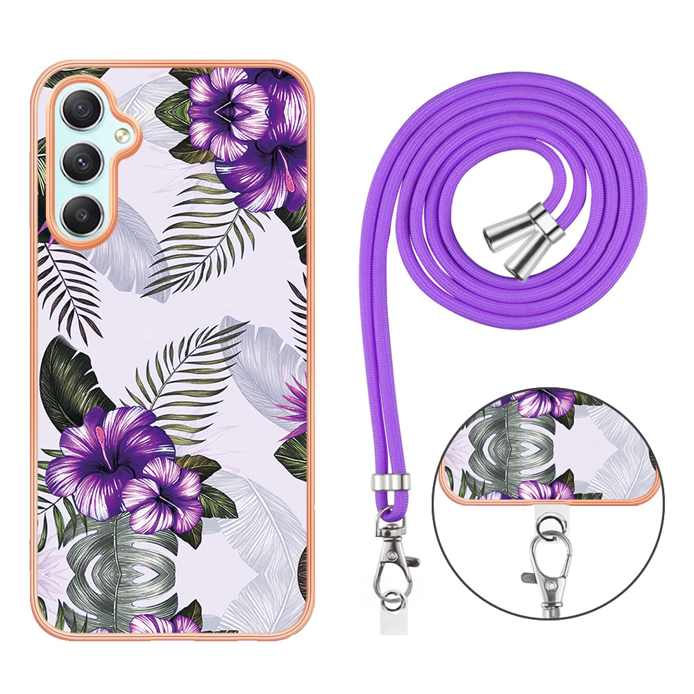 YB IMD Series-4 for Samsung Galaxy A24 4G Marble Flower Pattern Phone Case IMD TPU Electroplated Cover with Lanyard - Purple Flowers