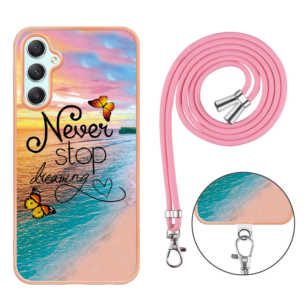YB IMD Series-4 for Samsung Galaxy A24 4G Marble Flower Pattern Phone Case IMD TPU Electroplated Cover with Lanyard - Never Stop Dreaming