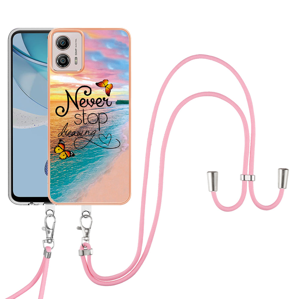 YB IMD Series-4 for Motorola Moto G53 5G / G13 4G Electroplating Case IMD Marble Flower Pattern TPU Phone Cover with Lanyard - Never Stop Dreaming