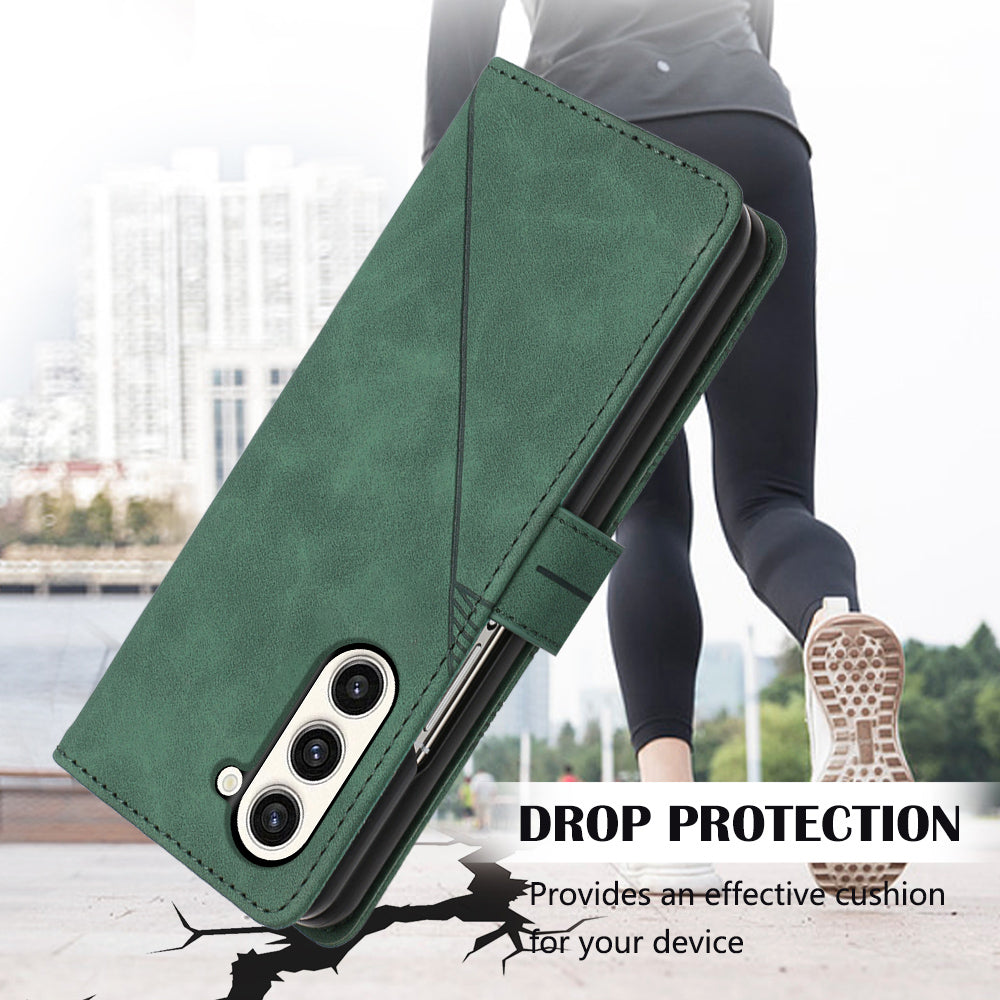 YB Imprinting Series-1 for Samsung Galaxy Z Fold5 5G Leather Phone Cover Wallet Stand Imprinted Case - Blackish Green