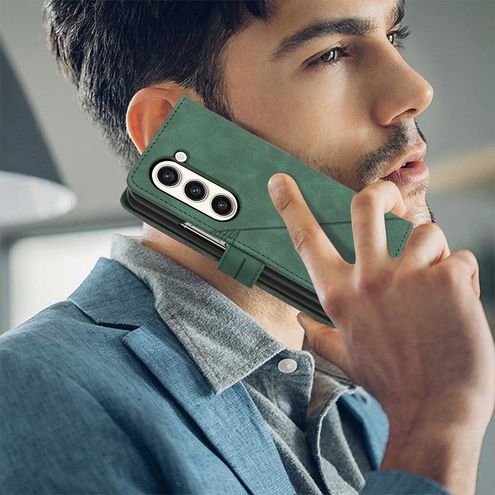 YB Imprinting Series-1 for Samsung Galaxy Z Fold5 5G Leather Phone Cover Wallet Stand Imprinted Case - Blackish Green