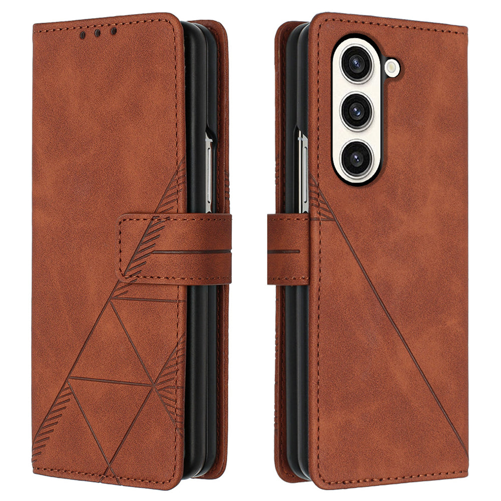 YB Imprinting Series-1 for Samsung Galaxy Z Fold5 5G Leather Phone Cover Wallet Stand Imprinted Case - Brown