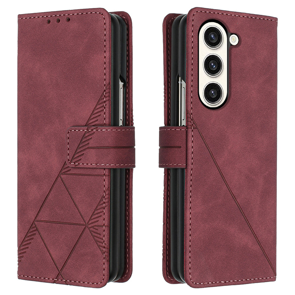 YB Imprinting Series-1 for Samsung Galaxy Z Fold5 5G Leather Phone Cover Wallet Stand Imprinted Case - Wine Red