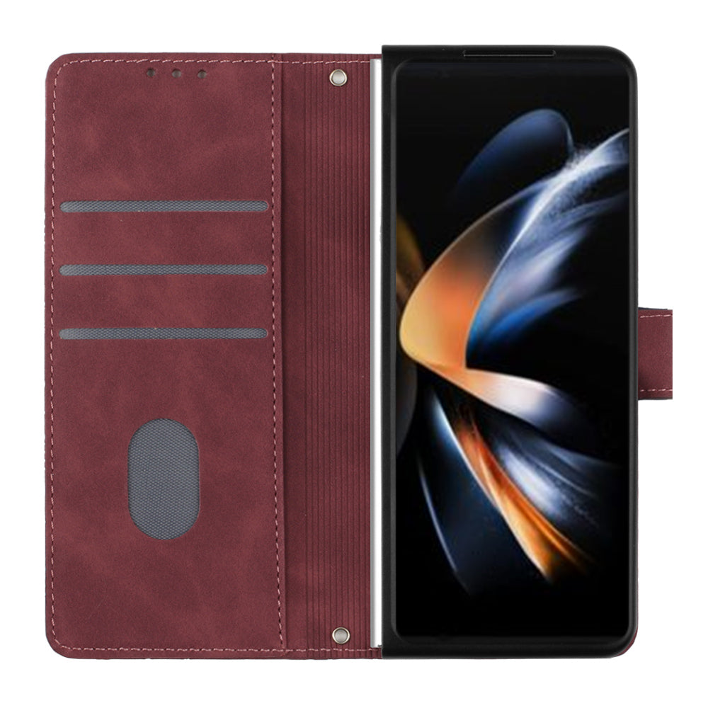 YB Imprinting Series-1 for Samsung Galaxy Z Fold5 5G Leather Phone Cover Wallet Stand Imprinted Case - Wine Red