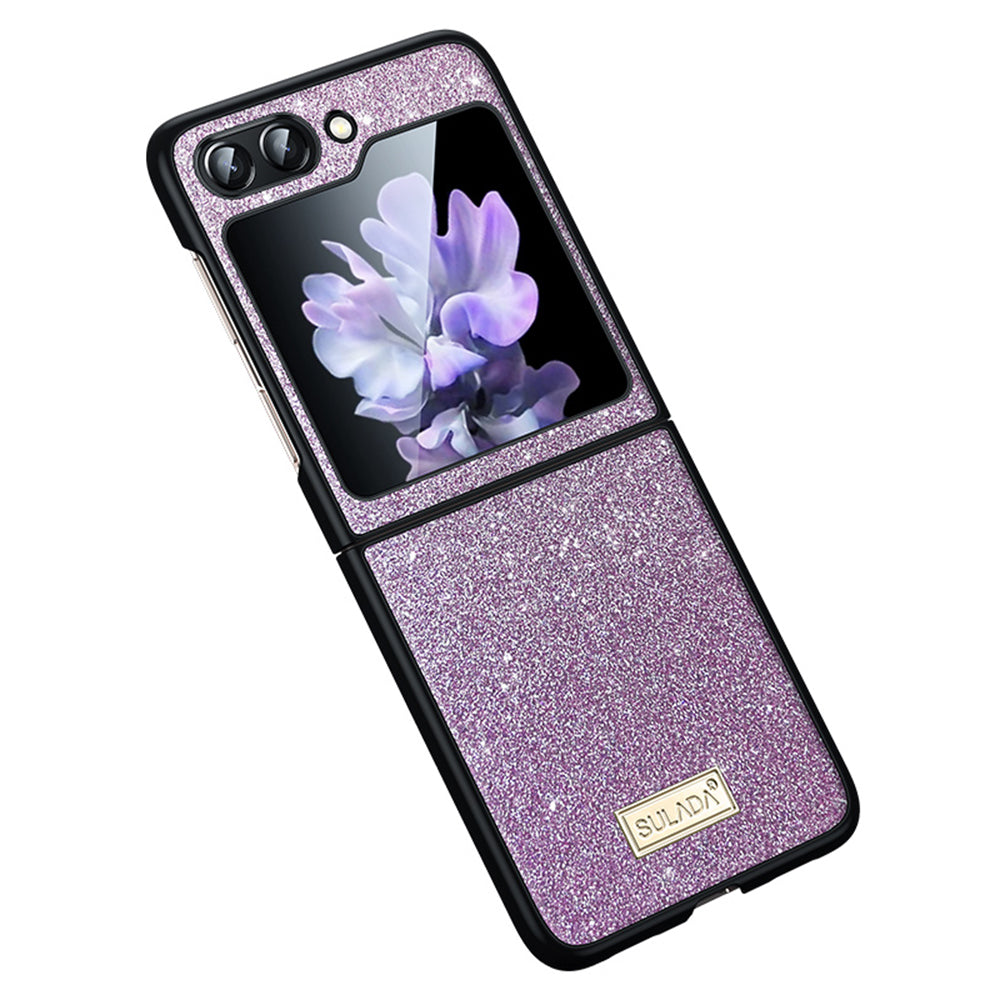 Uniqkart For Samsung Galaxy Z Flip5 5G Glitter Sequins Shiny Case PU Leather Coated PC + TPU Anti Slip Shockproof Cover - Purple