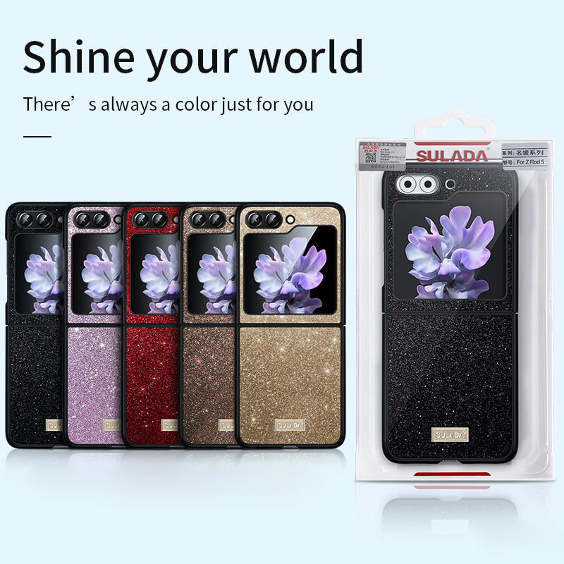 Uniqkart For Samsung Galaxy Z Flip5 5G Glitter Sequins Shiny Case PU Leather Coated PC + TPU Anti Slip Shockproof Cover - Purple
